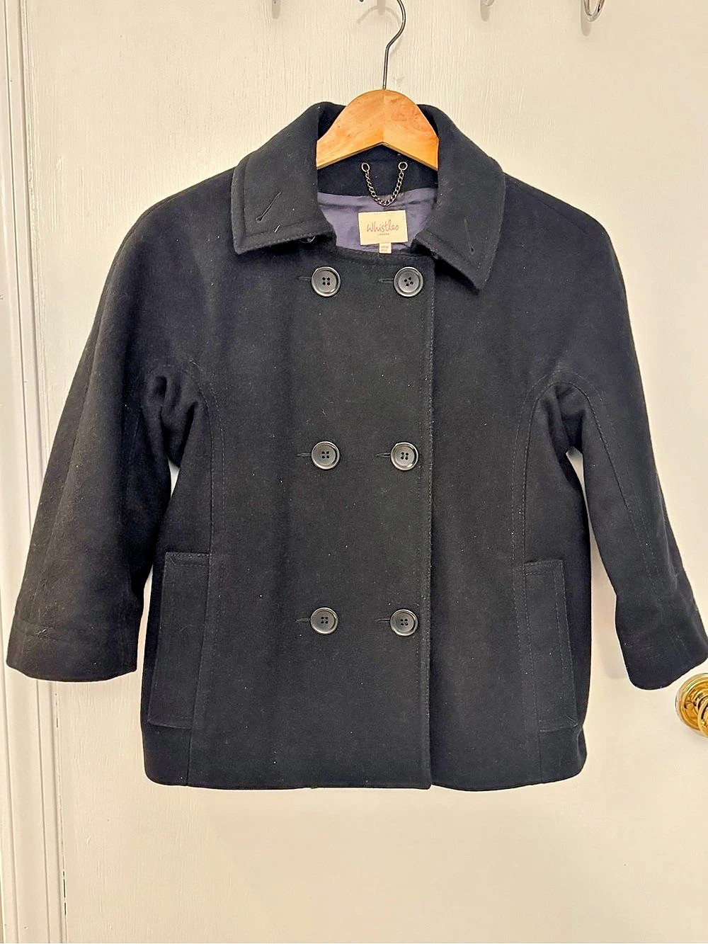 Whistles Double-Breasted Black Wool Blend Pea Coat with 3/4 Sleeves